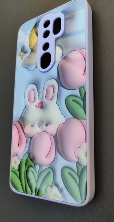 قاب طرح خرگوش دخترانه Redmi Note 8 Pro با زمینه آبی و گلهای رنگی