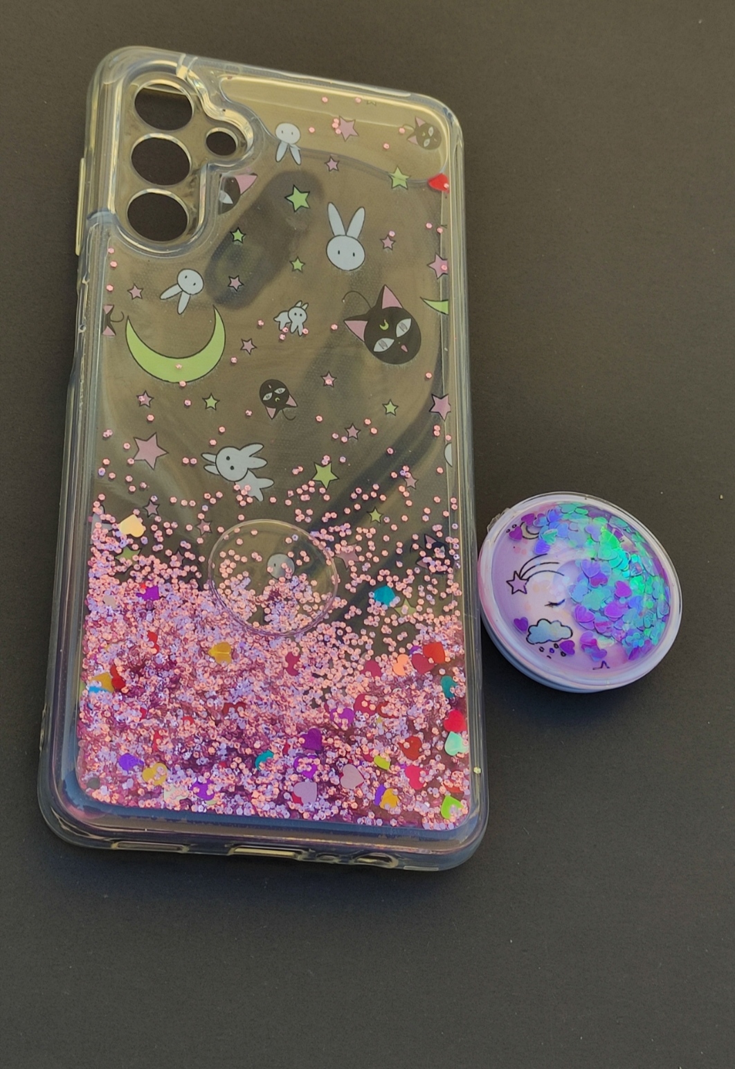 کاور آکواریومی سامسونگ A13 و A23 طرح خرگوش و گربه با اکلیل صورتی شناور