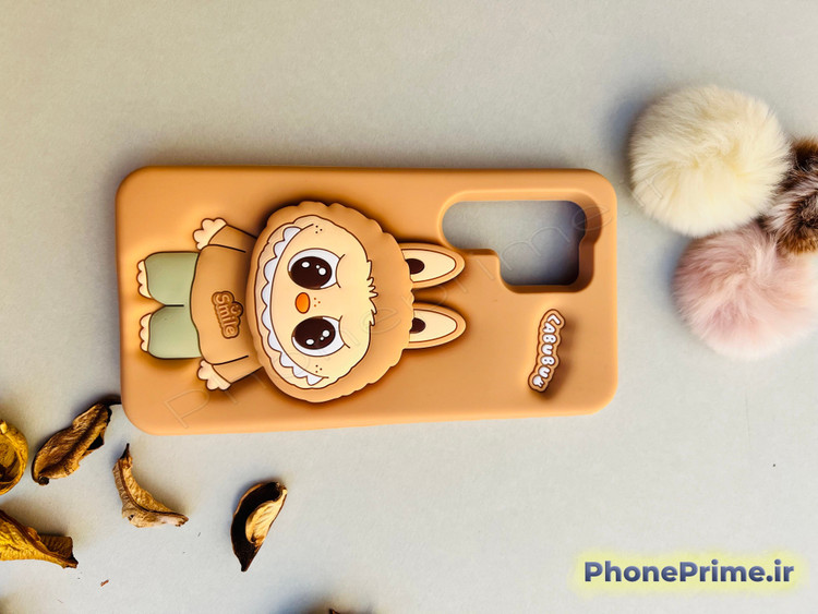کاور لبوبو S25 Ultra رنگ کرم با چاپ برجسته سهبعدی قاب Lebobo S25 Ultra رنگ قهوهای فانتزی