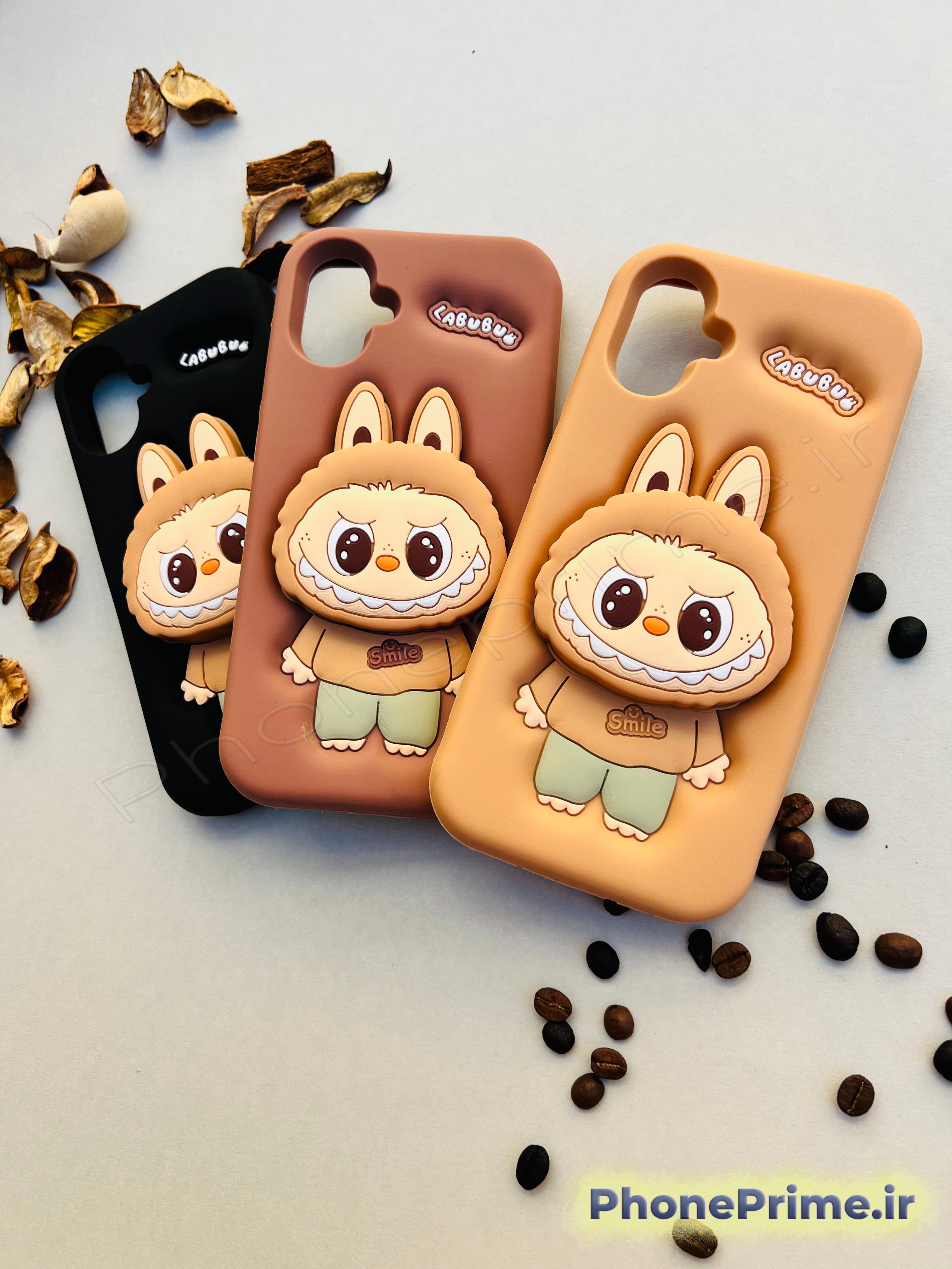 قاب Labubu A07 رنگ کرم با چاپ سه‌بعدی  کاور فانتزی A07 مدل Labubu رنگ قهوه‌ای  قاب مشکی A07 با محافظ دوربین