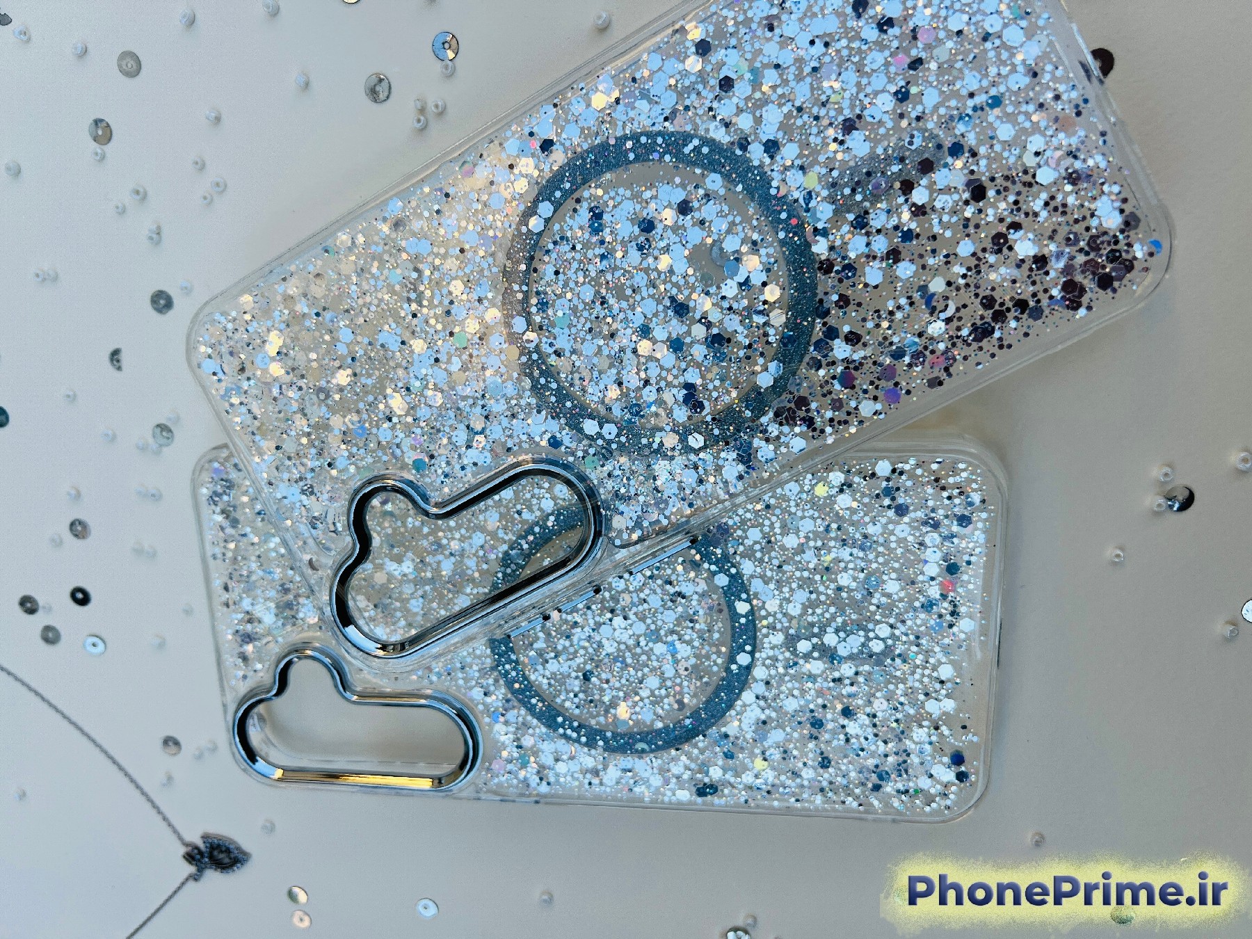 کاور شفاف اکلیلی شاین نقره‌ای با مگ‌سیف و دور لنز کرومی مناسب Samsung A07 – قاب پولکی براق محافظتی
