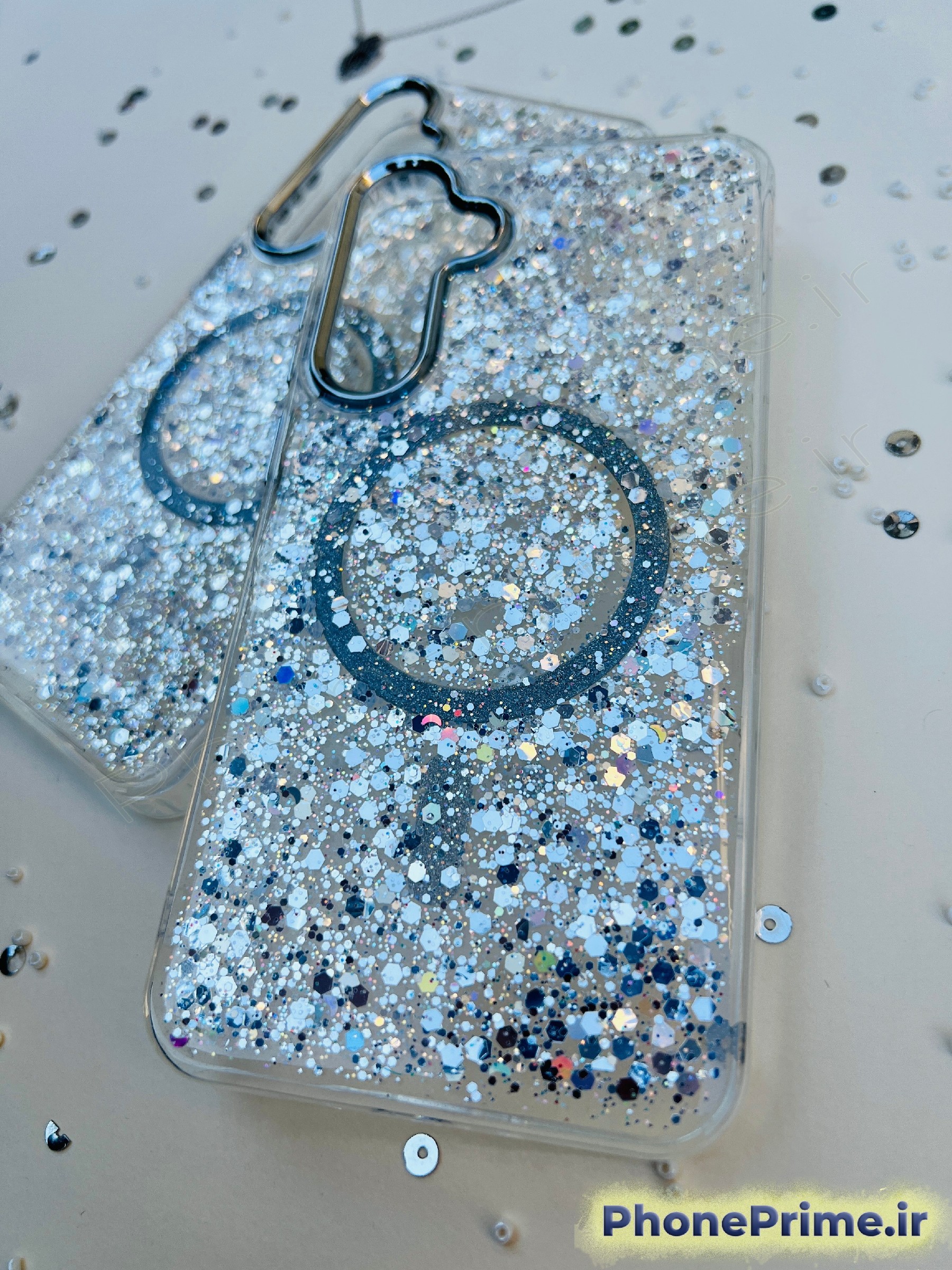 کاور شفاف اکلیلی شاین نقره‌ای با مگ‌سیف و دور لنز کرومی مناسب Samsung A07 – قاب پولکی براق محافظتی