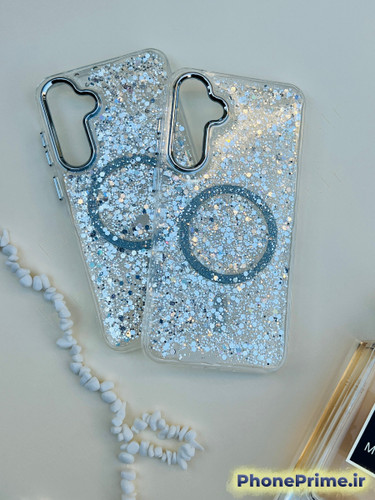 کاور شفاف اکلیلی شاین نقرهای با پولک و مگسیف مناسب Samsung A26 همراه با دور لنز کرومی