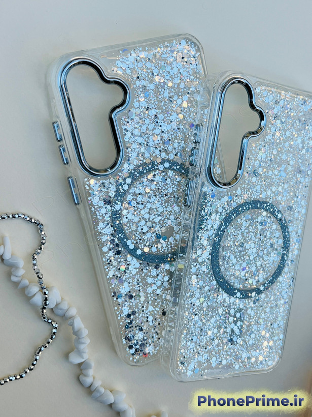 قاب شفاف اکلیلی شاین نقرهای با مگسیف و پولکهای براق مخصوص Samsung A35 – محافظ لنز نقرهای