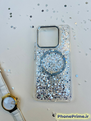 خرید کاور شفاف اکلیلی شاین مگسیف برای پوکو X3 | قاب پولکی نقرهای با دور لنز کرومی و محافظت فوقالعاده کاور شاین اکلیلی نوت 13 نقره ای