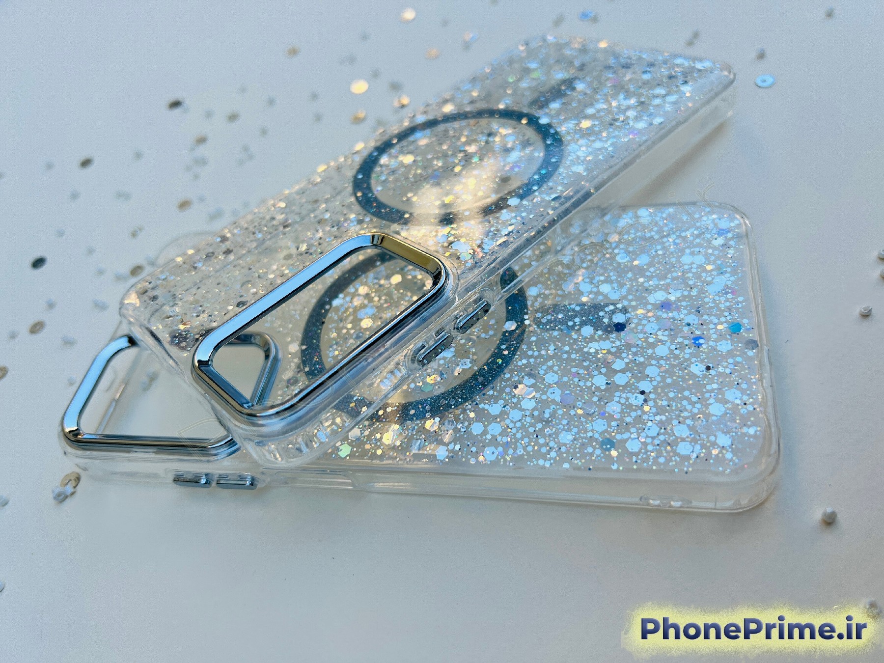 کاور شفاف اکلیلی شاین نقرهای با مگسیف و دور لنز نقرهای مناسب شیائومی note 11 , note 11 s , note 12 s – قاب پولکی براق محافظتی