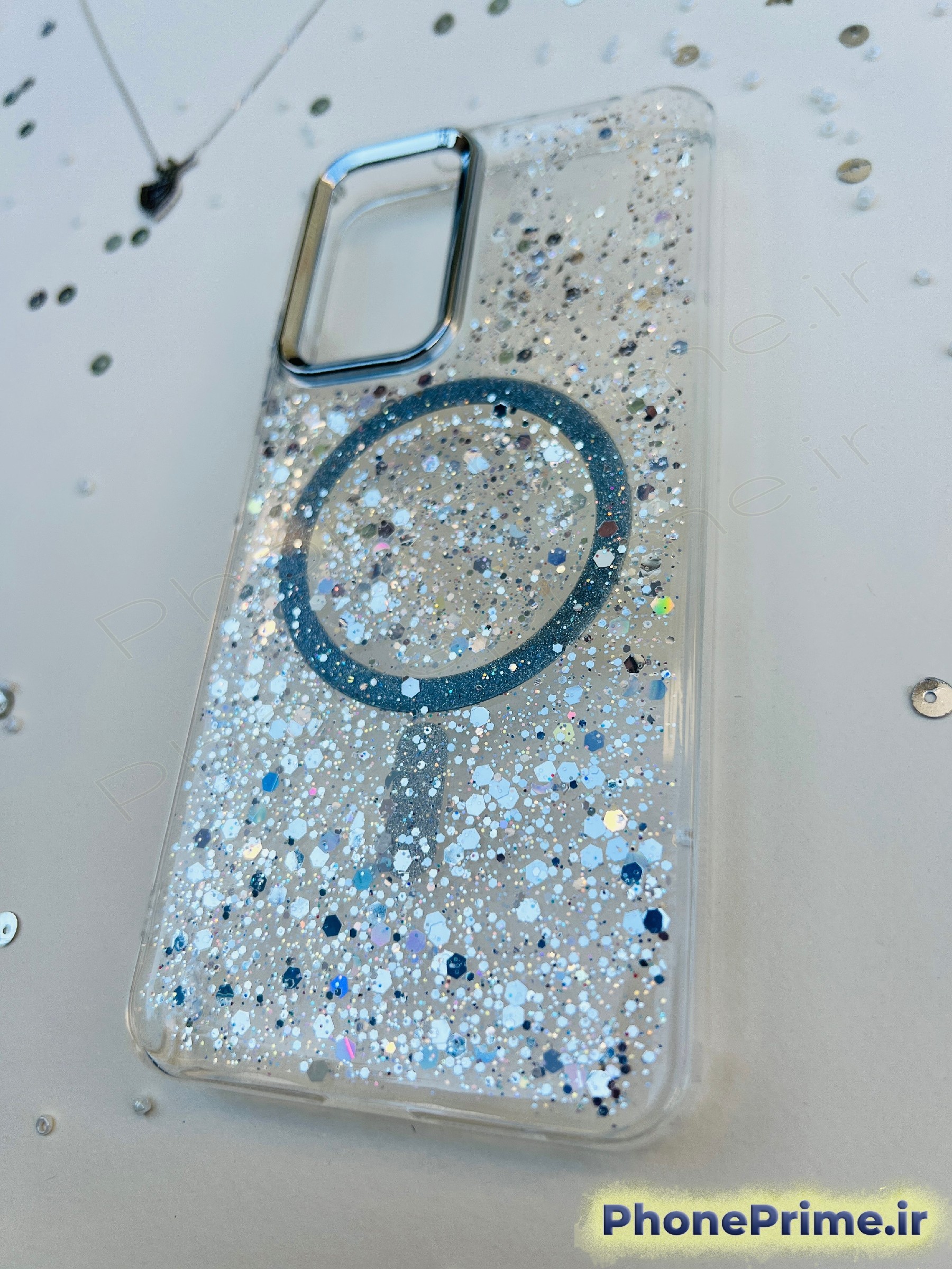 کاور شفاف اکلیلی شاین نقرهای با مگسیف و دور لنز نقرهای مناسب شیائومی note 11 , note 11 s , note 12 s – قاب پولکی براق محافظتی