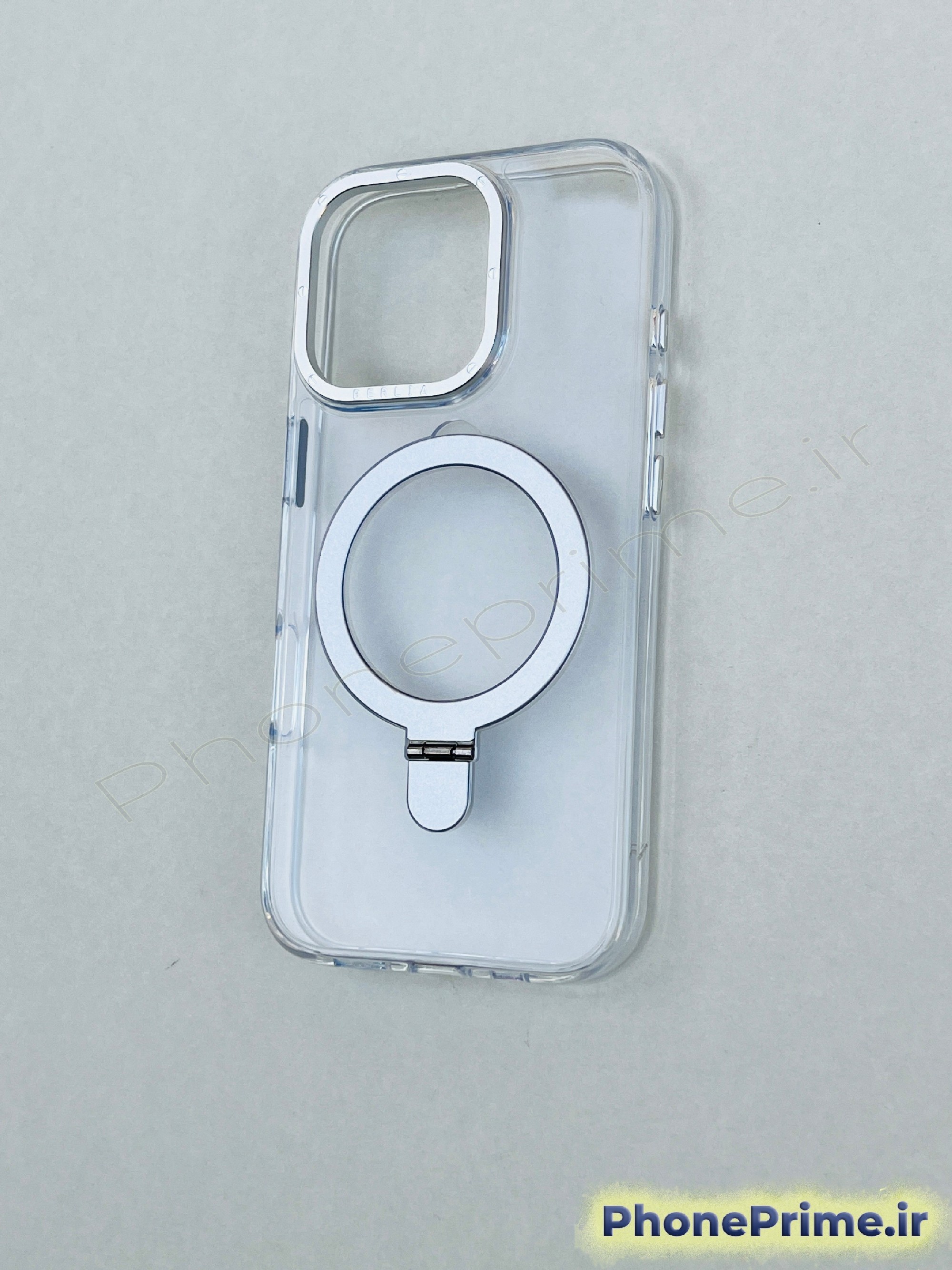 کاور شفاف با فریم تیتانیومی – مگ‌سیف فلزی استند شو ، ضدزردی واقعی، فوق‌مقاوم و لاکچری