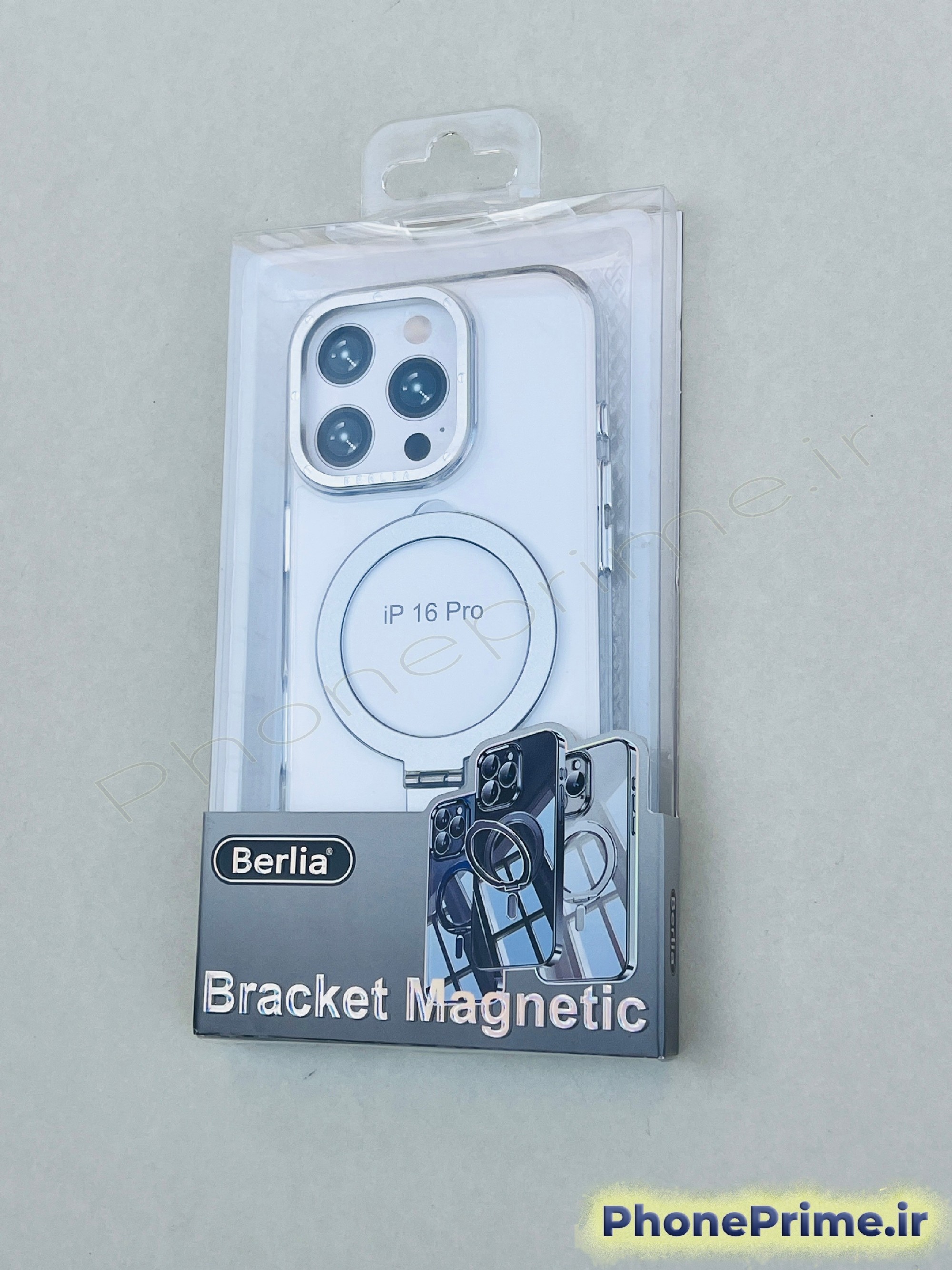 کاور شفاف با فریم تیتانیومی – مگ‌سیف فلزی استند شو ، ضدزردی واقعی، فوق‌مقاوم و لاکچری