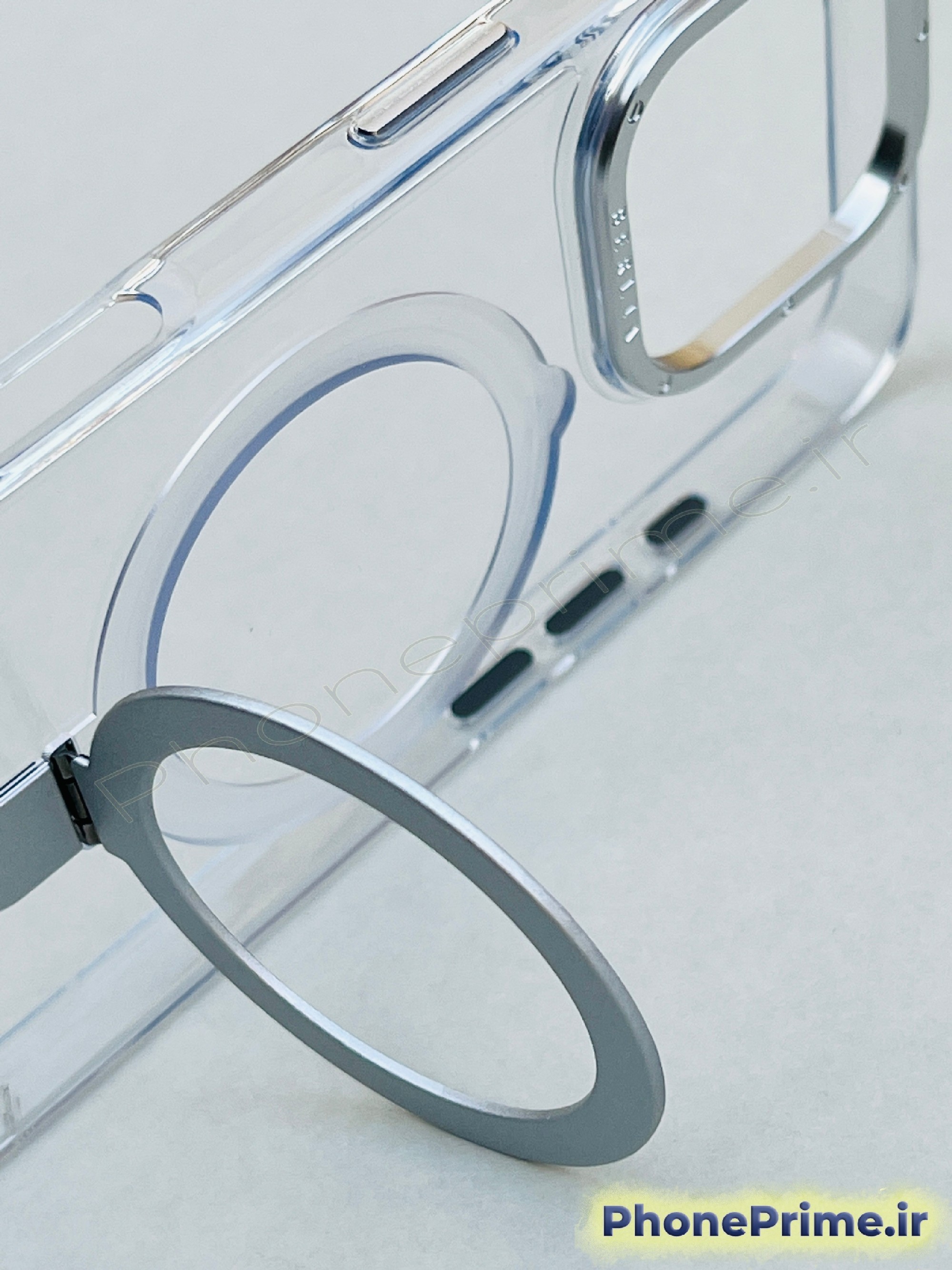 کاور شفاف با فریم تیتانیومی – مگ‌سیف فلزی استند شو ، ضدزردی واقعی، فوق‌مقاوم و لاکچری