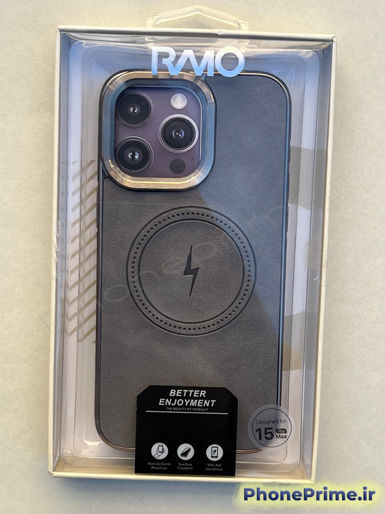 کاور چرمی اصل آیفون 15 پرومکس رنگ خاکستری | مگسیف اورجینال | کیفیت پریمیوم و شیک