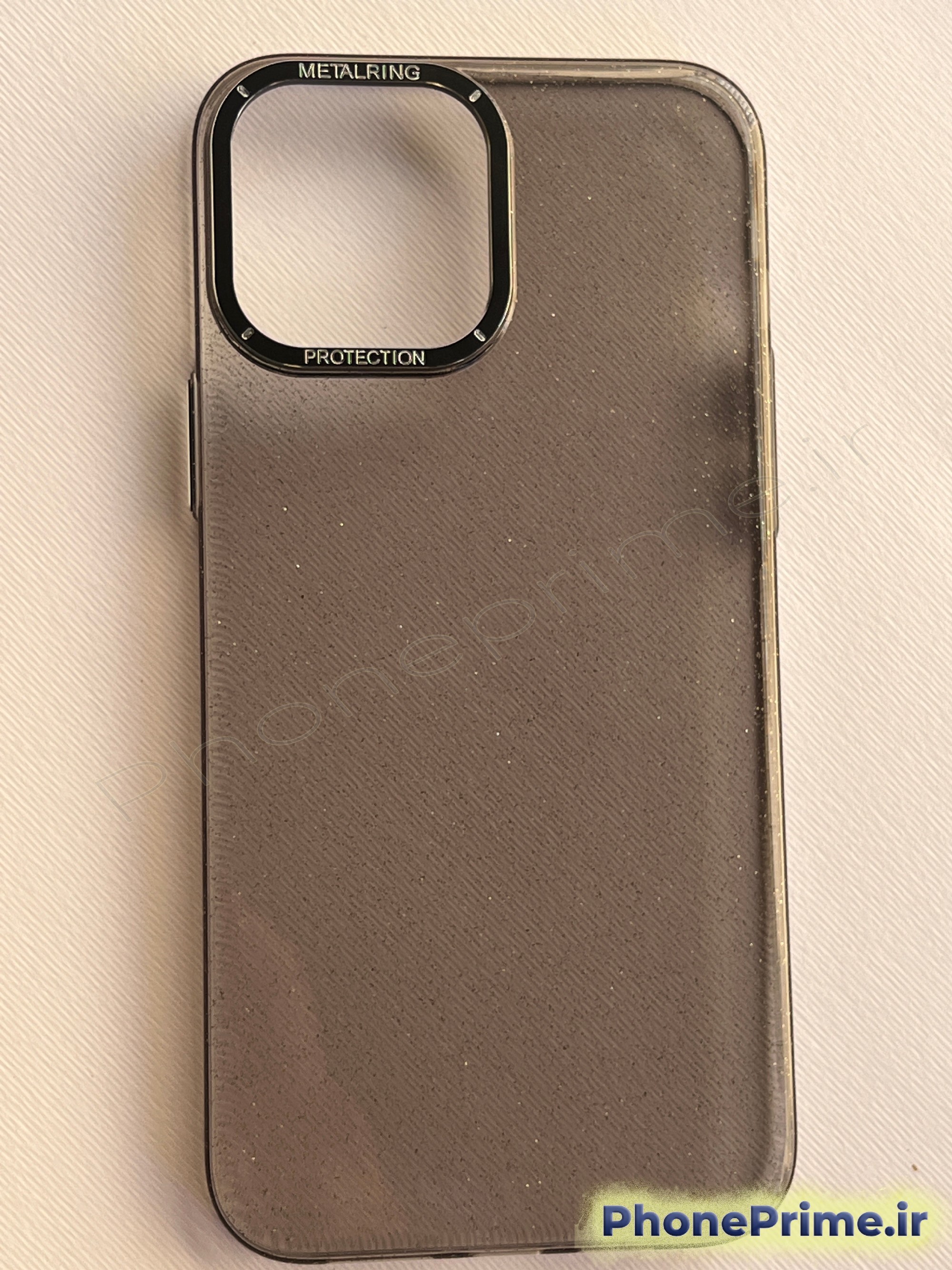 عکس کاور شیشه‌ای دودی شاین با فریم تیتانیومی برای آیفون 15 پرومکس – مدل اسلیم و ضدزردی