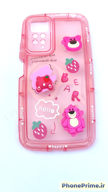 کاور فانتزی شفاف صورتی شیائومی Note 11 Pro با عروسک برجسته لاتسو و توتفرنگی – قاب محافظ دخترانه شیک با طراحی سهبعدی