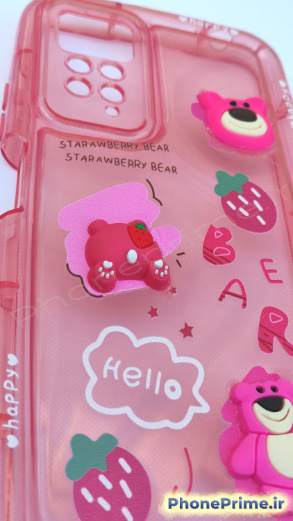 کاور فانتزی شفاف صورتی شیائومی Note 11 Pro با عروسک برجسته لاتسو و توتفرنگی – قاب محافظ دخترانه شیک با طراحی سهبعدی