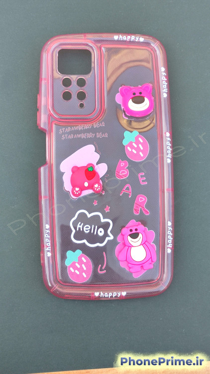 کاور فانتزی شفاف صورتی شیائومی Note 11 Pro با عروسک برجسته لاتسو و توتفرنگی – قاب محافظ دخترانه شیک با طراحی سهبعدی