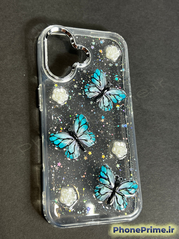 قاب سامسونگ Galaxy A06 شفاف شاین پروانهای 3D | فانتزی لوکس با بدنه فوقمحکم، ضدضربه و محافظ لنز (سامسونگ آ06)