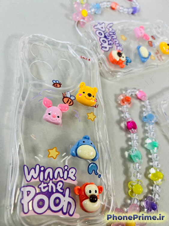 قاب گوشی سامسونگ A13 دخترانه فانتزی طرح وینی پو با عروسک های برجسته و آویز مهره ای