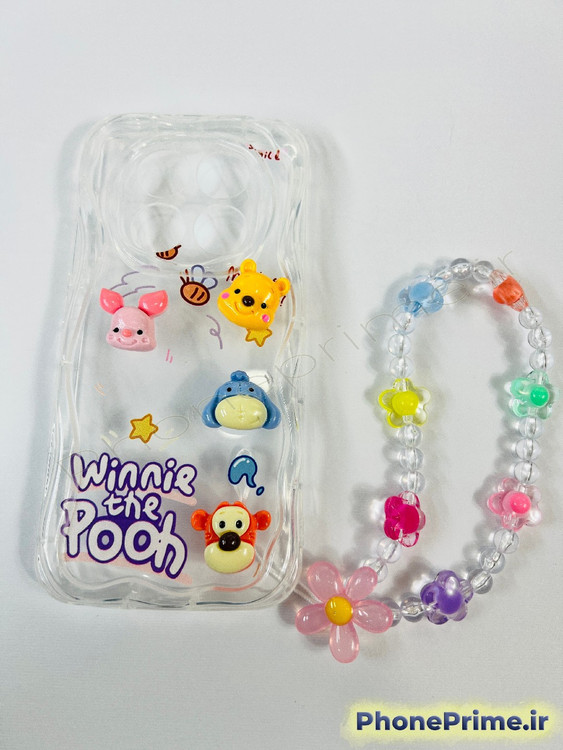 قاب گوشی سامسونگ A15 دخترانه فانتزی با عروسک های برجسته وینی پو و آویز مهره ای جذاب