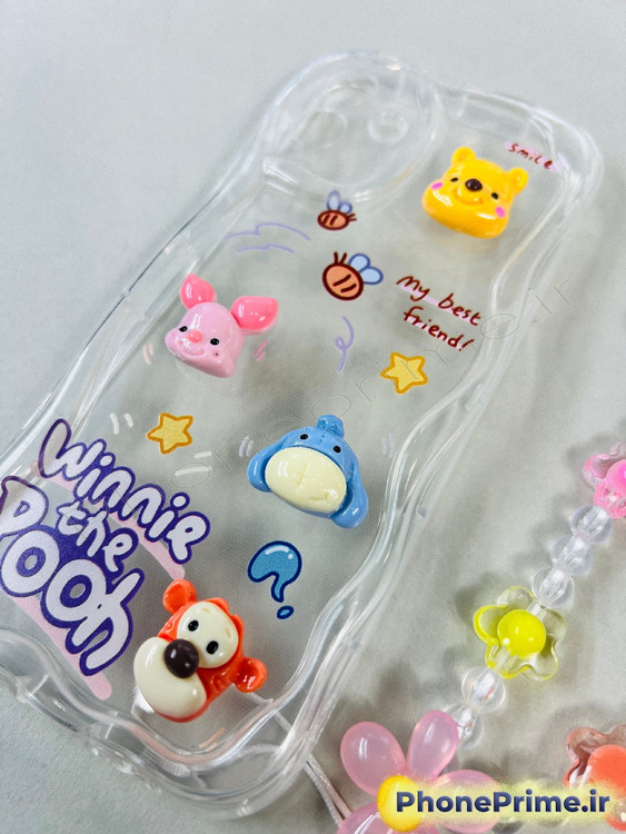 قاب گوشی سامسونگ A34 دخترانه فانتزی با عروسک برجسته وینی پو و آویز مهره ای جذاب