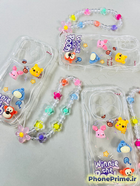 قاب گوشی سامسونگ A34 دخترانه فانتزی با عروسک برجسته وینی پو و آویز مهره ای جذاب