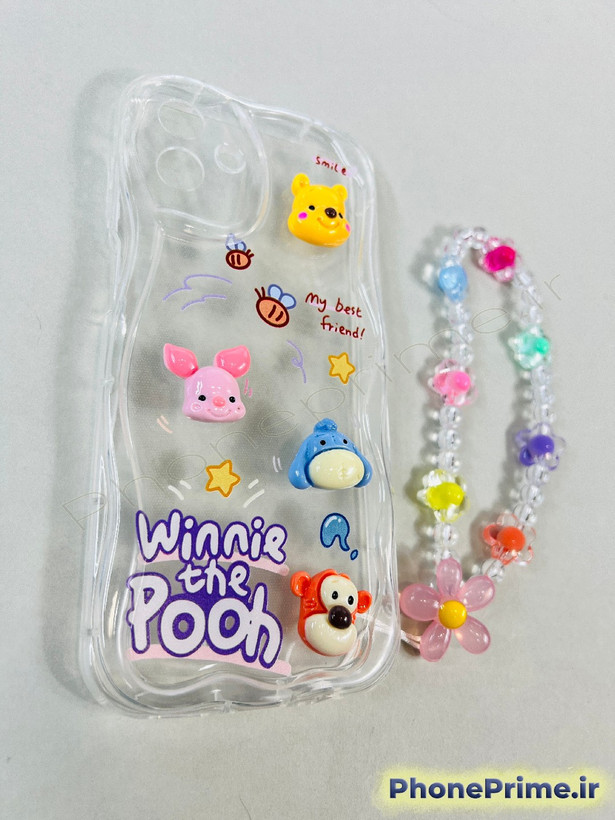 قاب گوشی سامسونگ A54 فانتزی دخترانه با طرح عروسکی برجسته وینی پو، لبههای موجدار زرد رنگ و آویز مرواریدی شیک