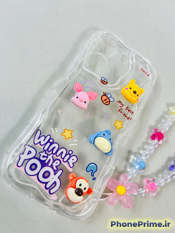 قاب گوشی سامسونگ A54 فانتزی دخترانه با طرح عروسکی برجسته وینی پو، لبههای موجدار زرد رنگ و آویز مرواریدی شیک