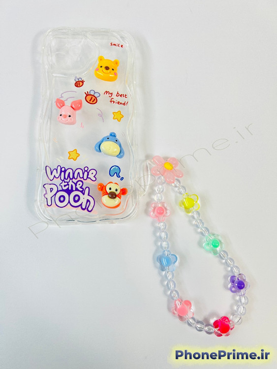 "نمای پشت قاب گوشی سامسونگ A55 با طرح وینی پو زرد، عروسک برجسته سیلیکونی و آویز دستبندی مهرهای در فروشگاه فون پرایم"