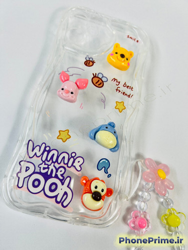 قاب گوشی شیائومی ردمی A5 زرد فانتزی با طرح عروسکی وینی پو، آویز دستبندی مهرهای و لبههای موجدار محافظ دوربین