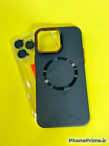 قاب مگ سیف دار استندشو آیفون 14 پرومکس iPhone 14 Pro Max مشکی سیلیکونی با محافظ لنزهای رینگی مجزا