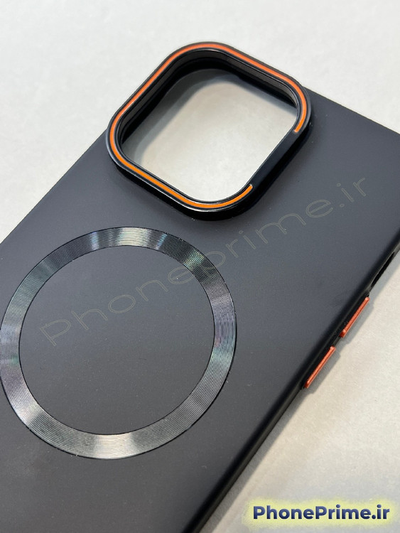 قاب مگ سیف دار استندشو آیفون 14 پرومکس iPhone 14 Pro Max مشکی سیلیکونی با محافظ لنزهای رینگی مجزا