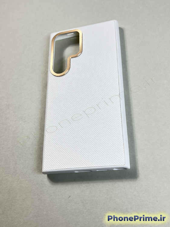 قاب سفید بافتدار سامسونگ S24 Ultra مدل لوکس با فریم محافظ لنز طلایی براق