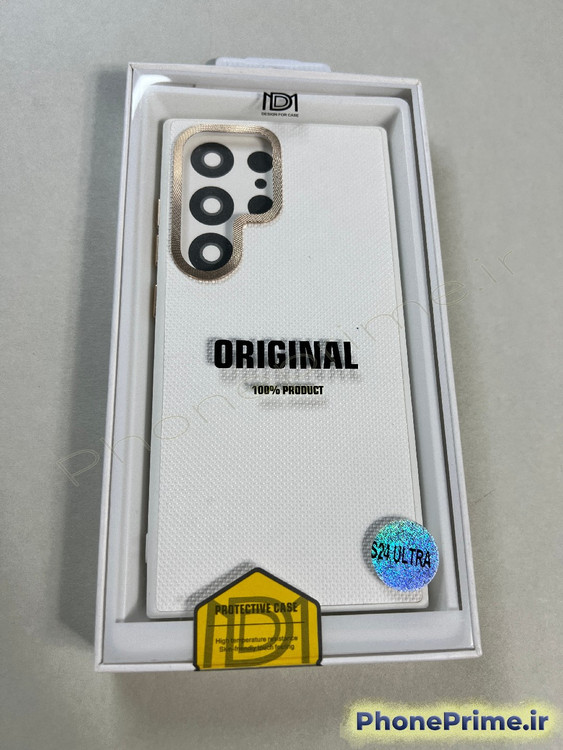 قاب سفید بافتدار سامسونگ S24 Ultra مدل لوکس با فریم محافظ لنز طلایی براق