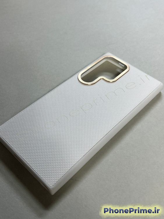 قاب سفید بافتدار سامسونگ S24 Ultra مدل لوکس با فریم محافظ لنز طلایی براق