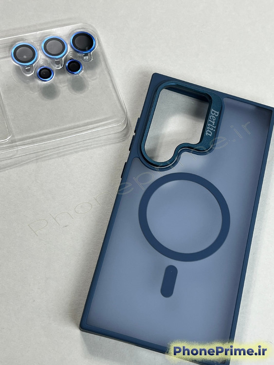 قاب تیتانیومی سامسونگ S24 Ultra برند Berlia با محافظ لنز و استند تاشو و قابلیت مگ سیف