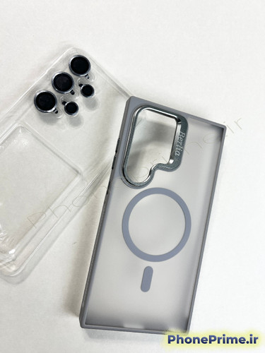 قاب خاکستری ضد ضربه سامسونگ S24 Ultra برند Berlia با استند دوربین و مگ سیف
