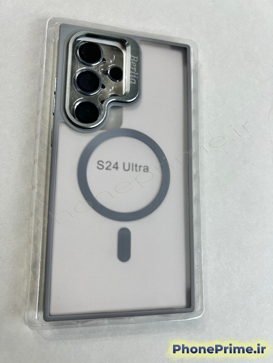قاب خاکستری ضد ضربه سامسونگ S24 Ultra برند Berlia با استند دوربین و مگ سیف