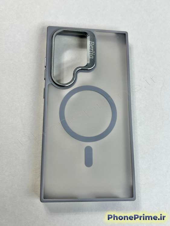 قاب خاکستری ضد ضربه سامسونگ S24 Ultra برند Berlia با استند دوربین و مگ سیف