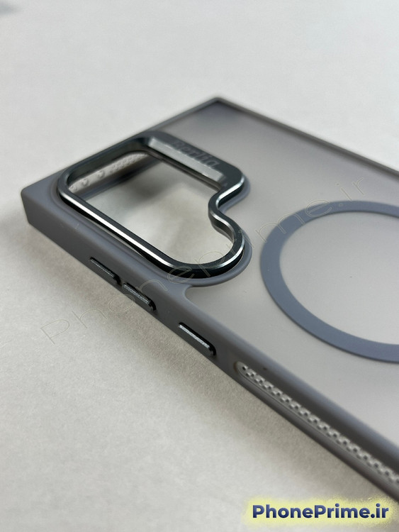 قاب خاکستری ضد ضربه سامسونگ S24 Ultra برند Berlia با استند دوربین و مگ سیف