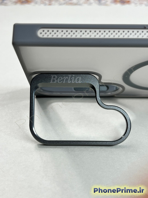 قاب خاکستری ضد ضربه سامسونگ S24 Ultra برند Berlia با استند دوربین و مگ سیف