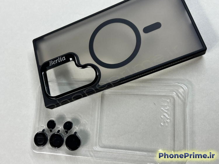قاب مشکی ضد ضربه سامسونگ S24 Ultra برند Berlia با استند دوربین و مگ سیف