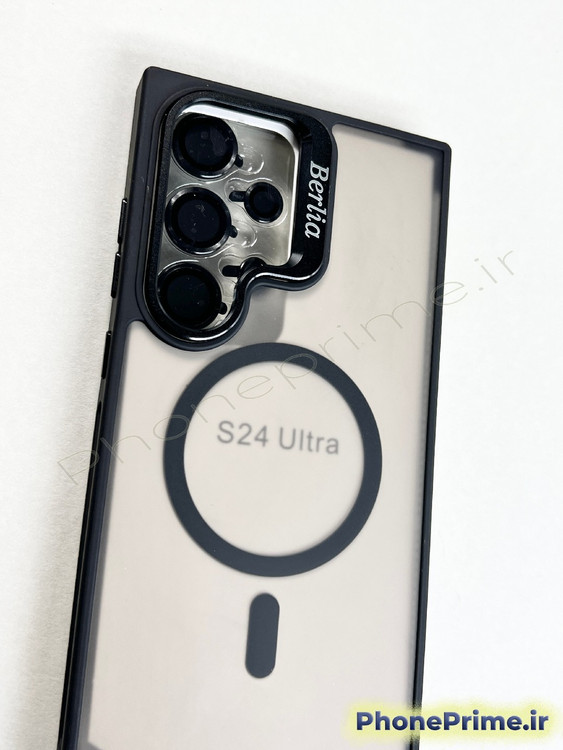قاب مشکی ضد ضربه سامسونگ S24 Ultra برند Berlia با استند دوربین و مگ سیف