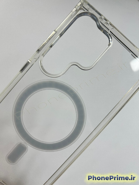 قاب شفاف کریستالی سامسونگ S24 Ultra برند برلیا با حلقه مگ سیف سفید و فریم لنز نقرهای