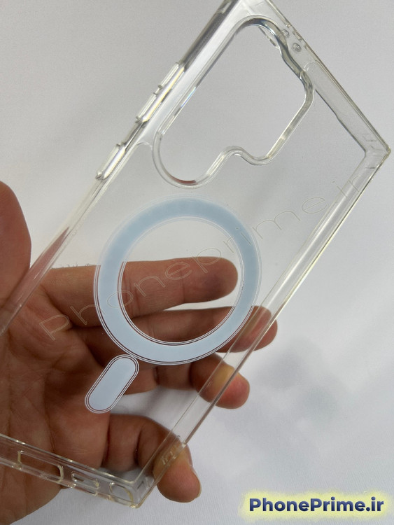 قاب شفاف کریستالی سامسونگ S24 Ultra برند برلیا با حلقه مگ سیف سفید و فریم لنز نقرهای