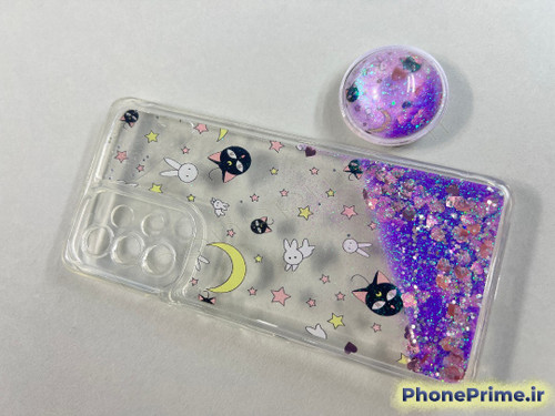 قاب آکواریومی مایع اکلیلی سامسونگ A53 با طرح کارتونی و پاپ سوکت بنفش