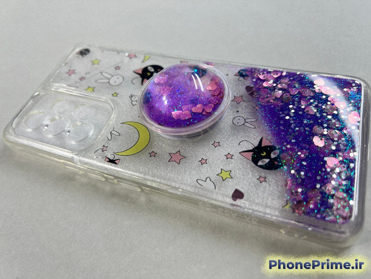 قاب آکواریومی مایع اکلیلی سامسونگ A53 با طرح کارتونی و پاپ سوکت بنفش