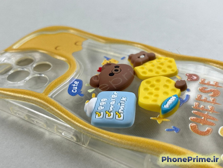 قاب فانتزی شفاف سامسونگ A53 با طرح های برجسته خرس و پنیر و لبه های موج دار زرد