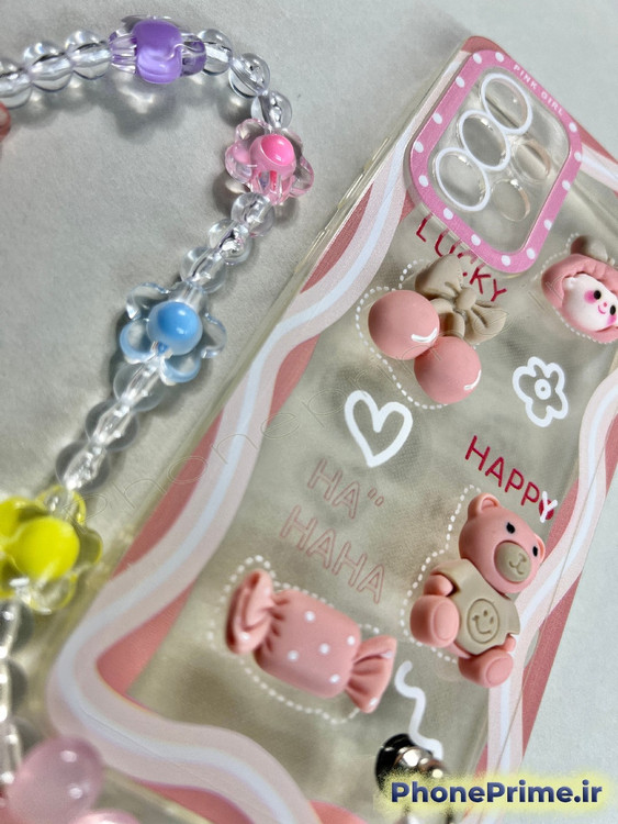 قاب فانتزی دخترانه سامسونگ A53 با طرح خرس و آبنبات برجسته و آویز مهره ای رنگی