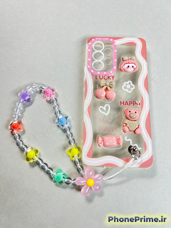 قاب فانتزی دخترانه سامسونگ A53 با طرح خرس و آبنبات برجسته و آویز مهره ای رنگی