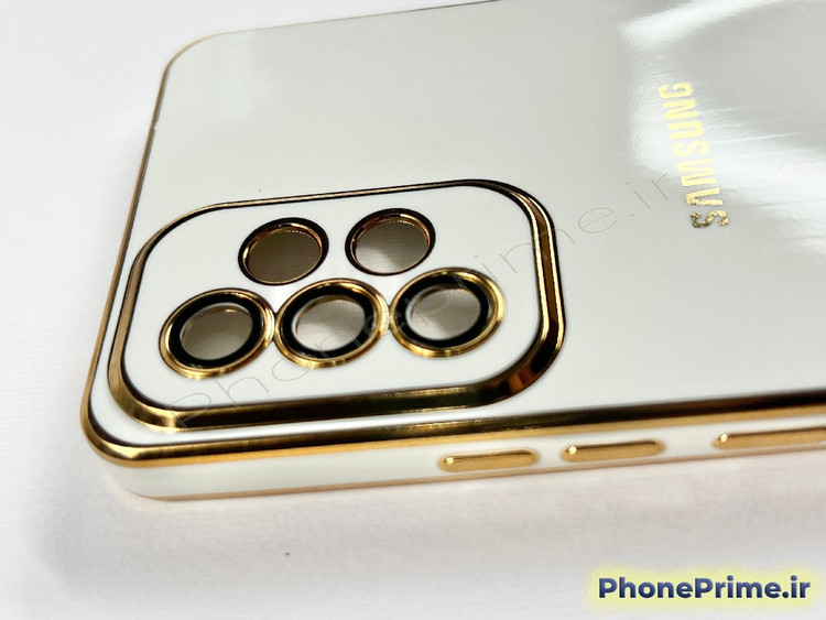 قاب سفید براق سامسونگ A53 مدل مای کیس با حاشیه طلایی و محافظ لنز شیشه ای یکپارچه