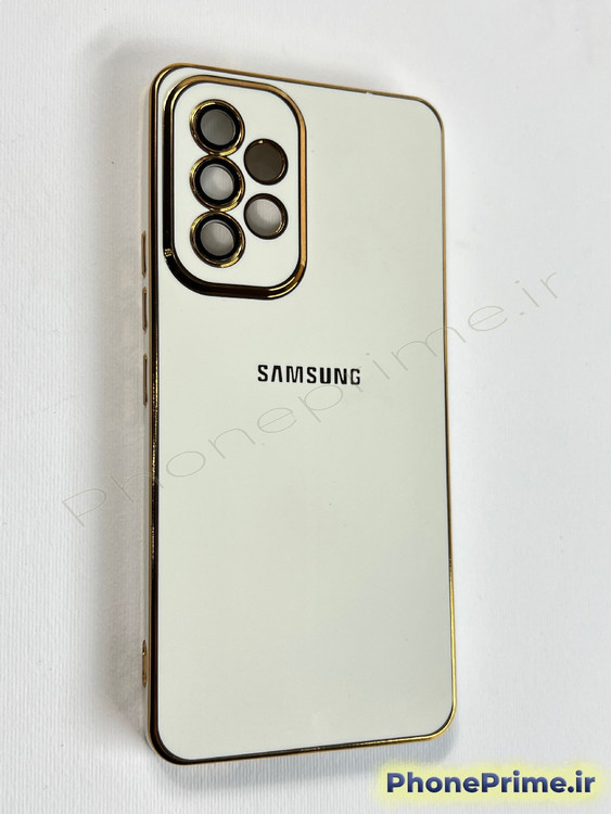 قاب سفید براق سامسونگ A53 مدل مای کیس با حاشیه طلایی و محافظ لنز شیشه ای یکپارچه